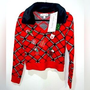 NWT Planet Gold Christmas Sweater Removable Faux Fur Collar Santa Size Medium
